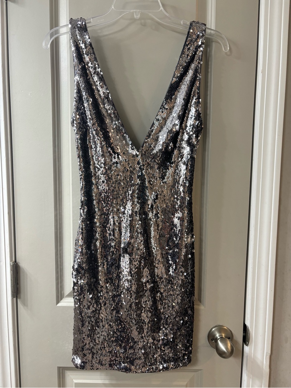 bebe Silver Sequin V-Neck Mini Dress